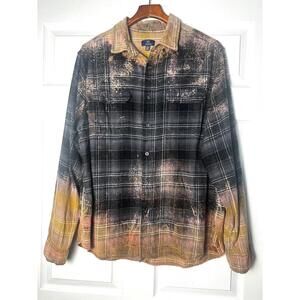 Men's Y2K Grunge Indie Sleeze Distressed Bleached Black Plaid Flannel Shirt XL